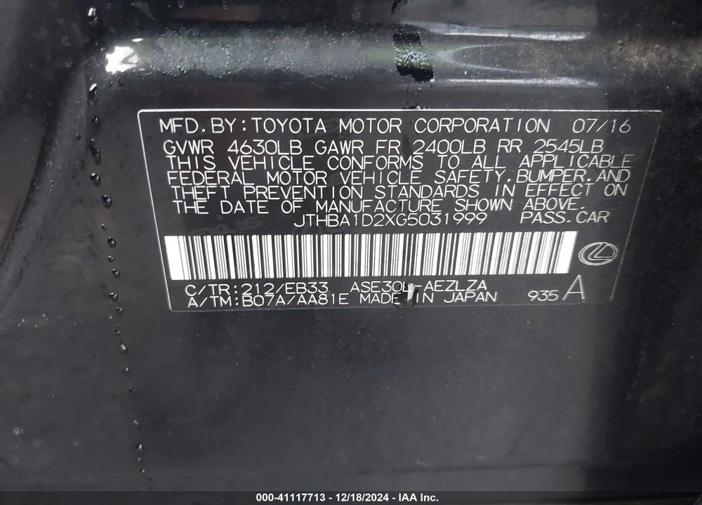 2016 LEXUS IS 200T VIN: JTHBA1D2XG5031999