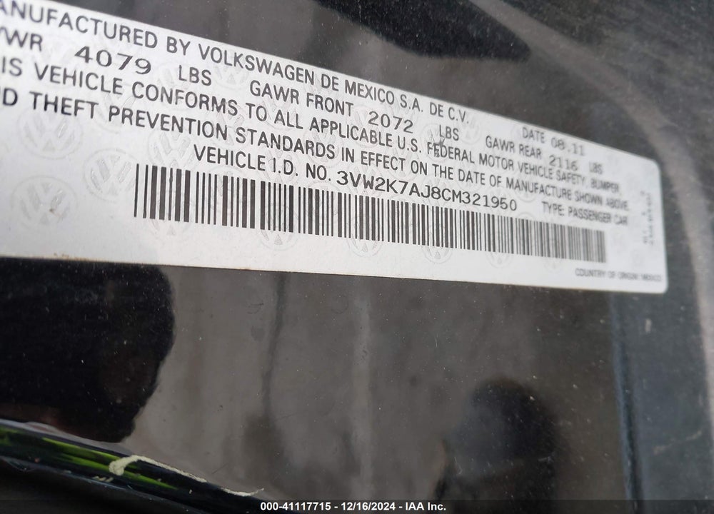 2012 VOLKSWAGEN JETTA 2.0L S VIN: 3VW2K7AJ8CM321950