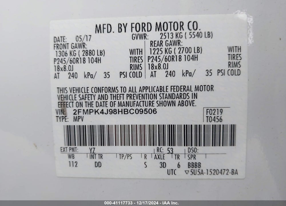 2017 FORD EDGE SEL VIN: 2FMPK4J98HBC09506
