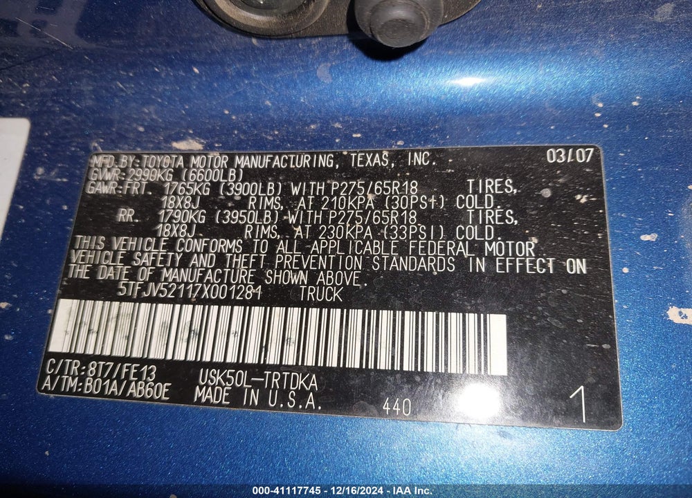2007 TOYOTA TUNDRA BASE 5.7L V8 VIN: 5TFJV52117X001281