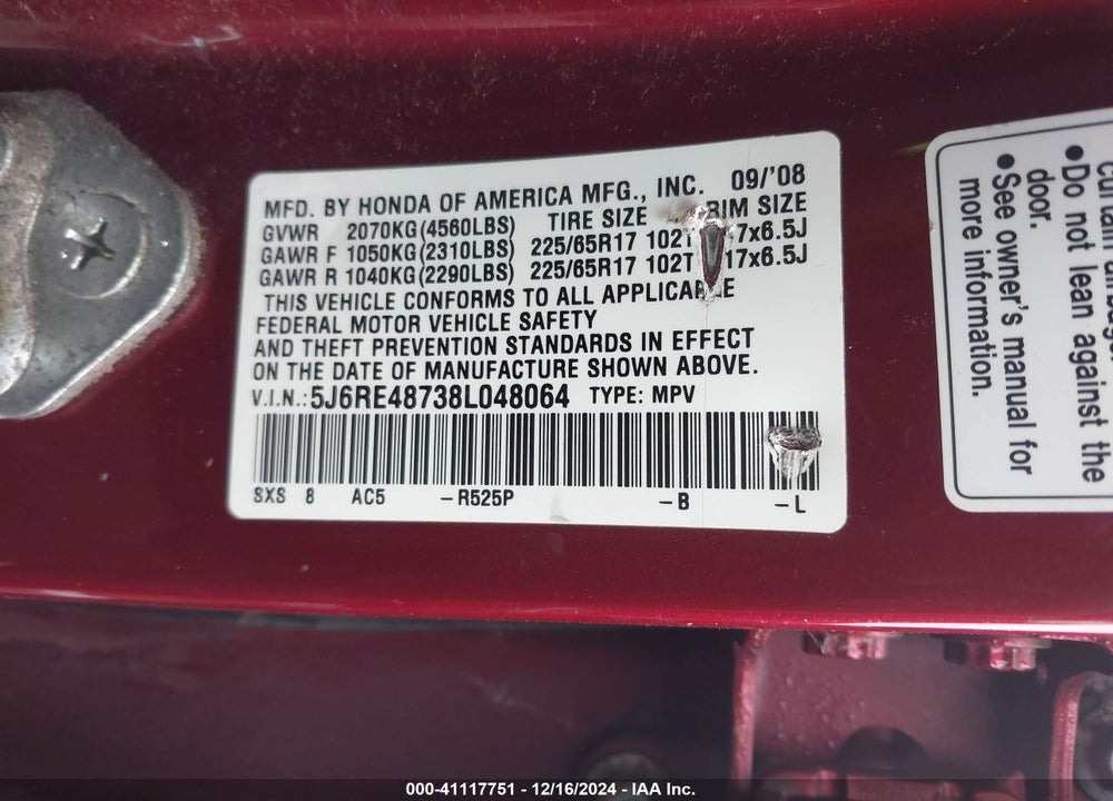 2008 HONDA CR-V EX-L VIN: 5J6RE48738L048064