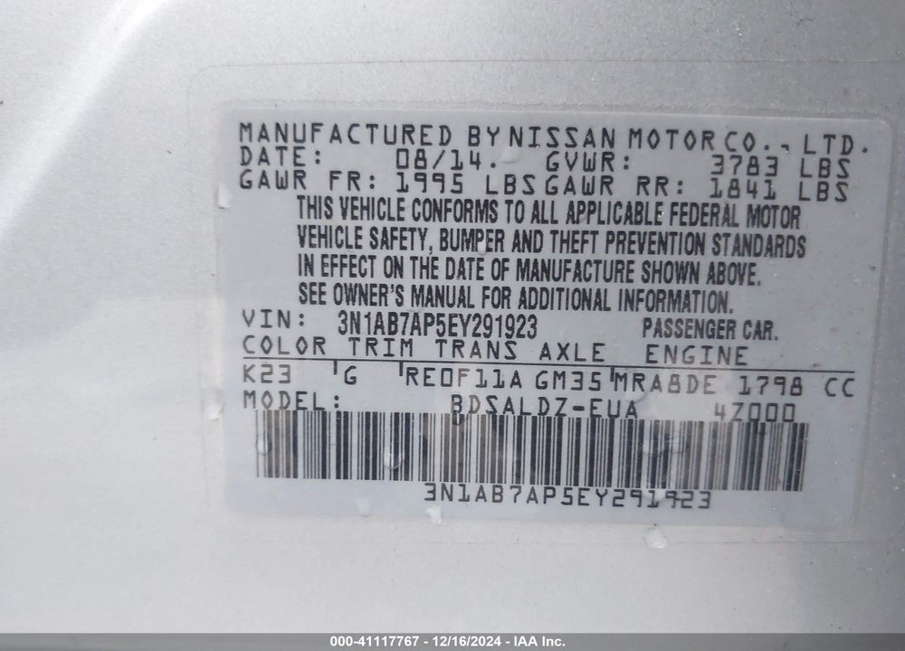 2014 NISSAN SENTRA SV VIN: 3N1AB7AP5EY291923