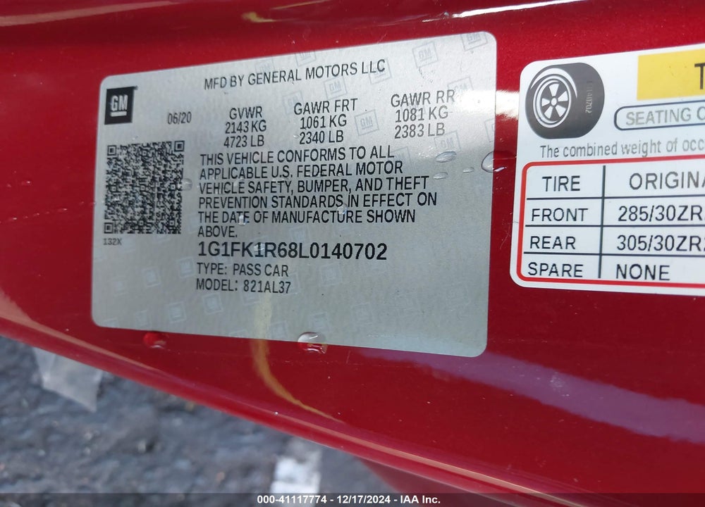 2020 CHEVROLET CAMARO RWD ZL1 VIN: 1G1FK1R68L0140702