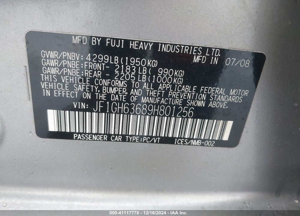 2009 SUBARU IMPREZA OUTBACK SPORT VIN: JF1GH63689H801256