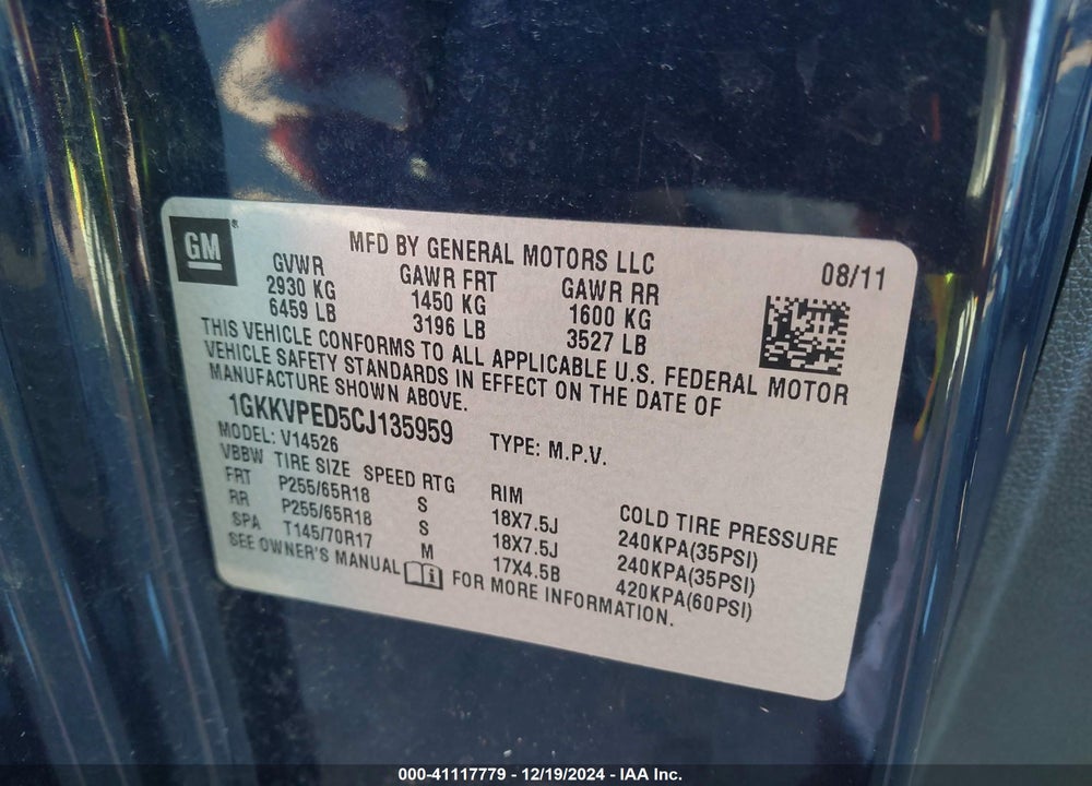 2012 GMC ACADIA SLE VIN: 1GKKVPED5CJ135959
