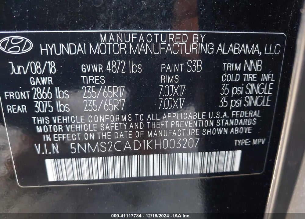 2019 HYUNDAI SANTA FE SE VIN: 5NMS2CAD1KH003207