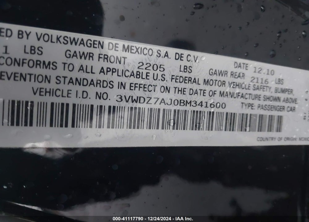 2011 VOLKSWAGEN JETTA 2.5L SE VIN: 3VWDZ7AJ0BM341600