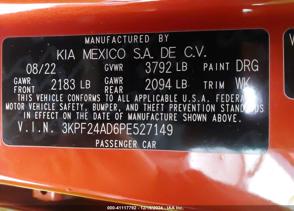 2023 KIA FORTE LXS VIN: 3KPF24AD6PE527149