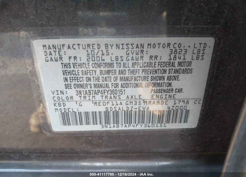 2015 NISSAN SENTRA SV VIN: 3N1AB7AP4FY360151