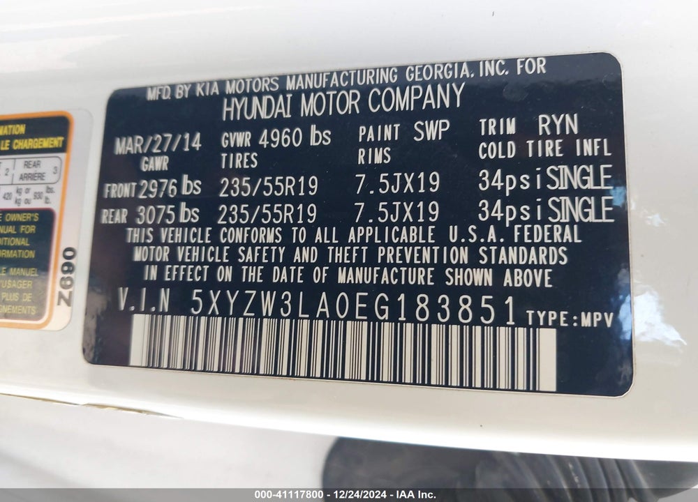 2014 HYUNDAI SANTA FE SPORT 2.0L TURBO VIN: 5XYZW3LA0EG183851