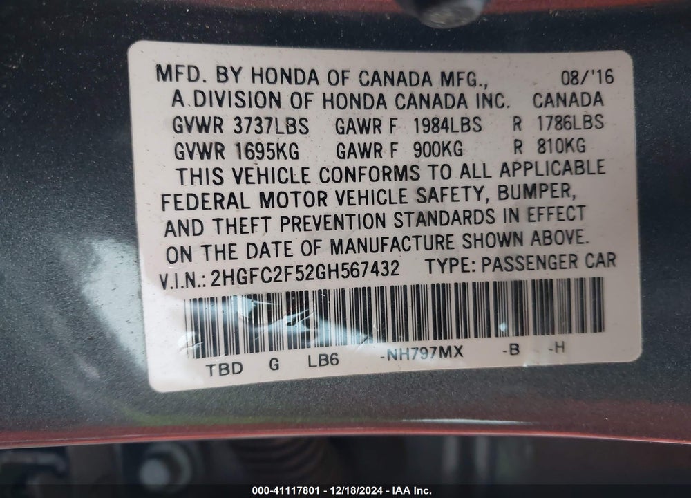 2016 HONDA CIVIC LX VIN: 2HGFC2F52GH567432