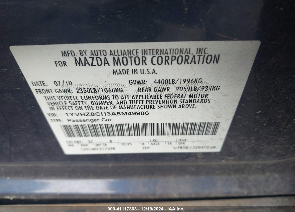 2010 MAZDA MAZDA6 VIN: 1YVHZ8CH3A5M49986