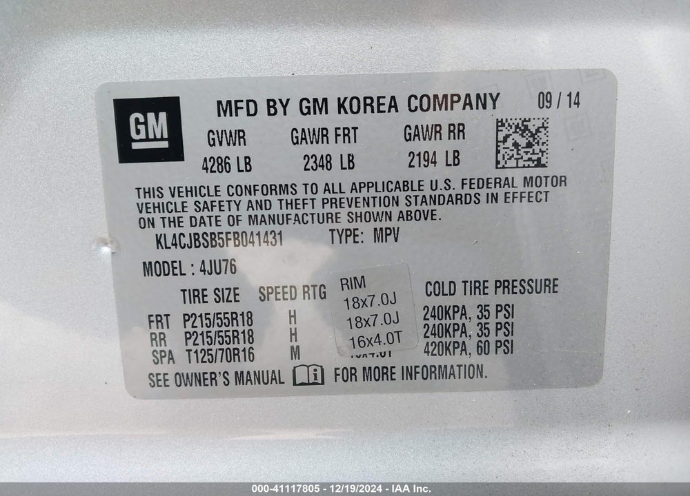 2015 BUICK ENCORE CONVENIENCE VIN: KL4CJBSB5FB041431