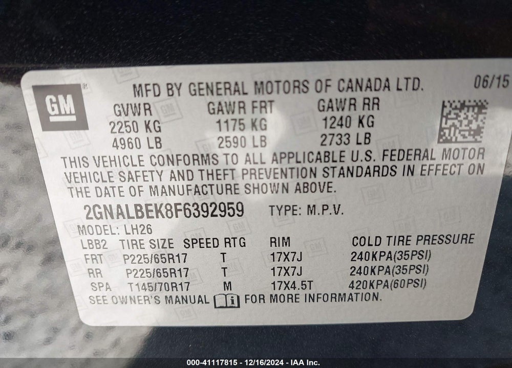 2015 CHEVROLET EQUINOX 1LT VIN: 2GNALBEK8F6392959