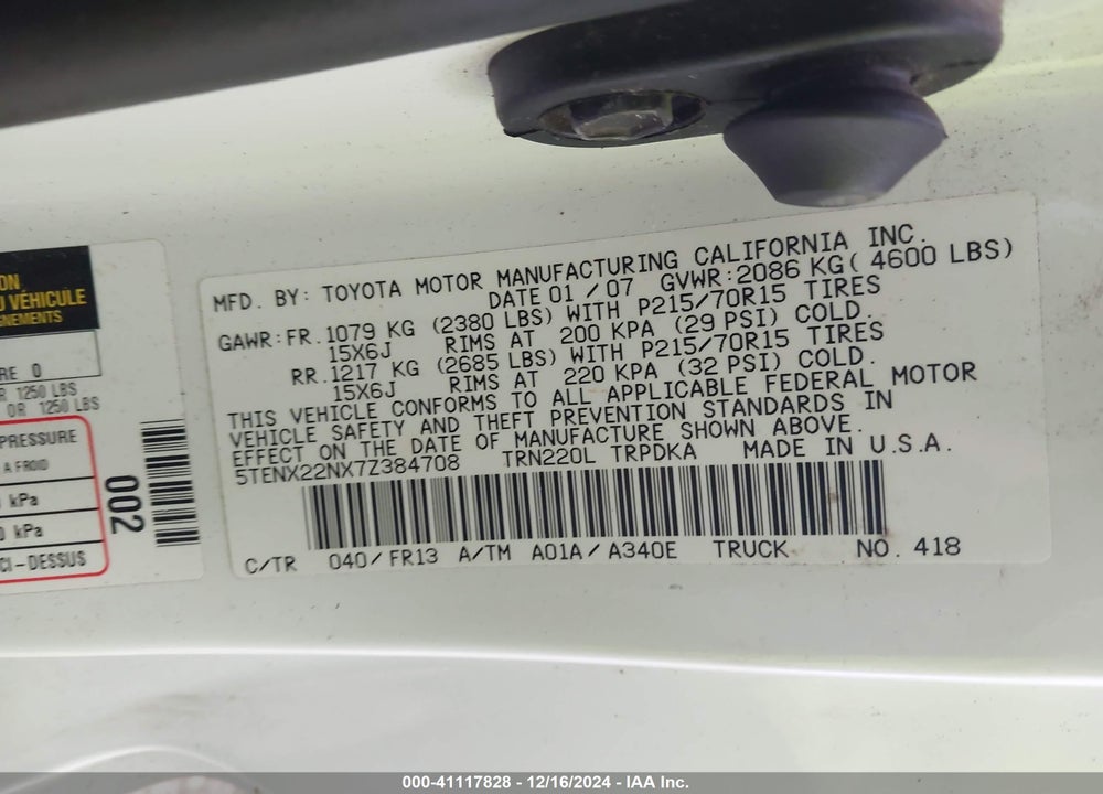 2007 TOYOTA TACOMA VIN: 5TENX22NX7Z384708