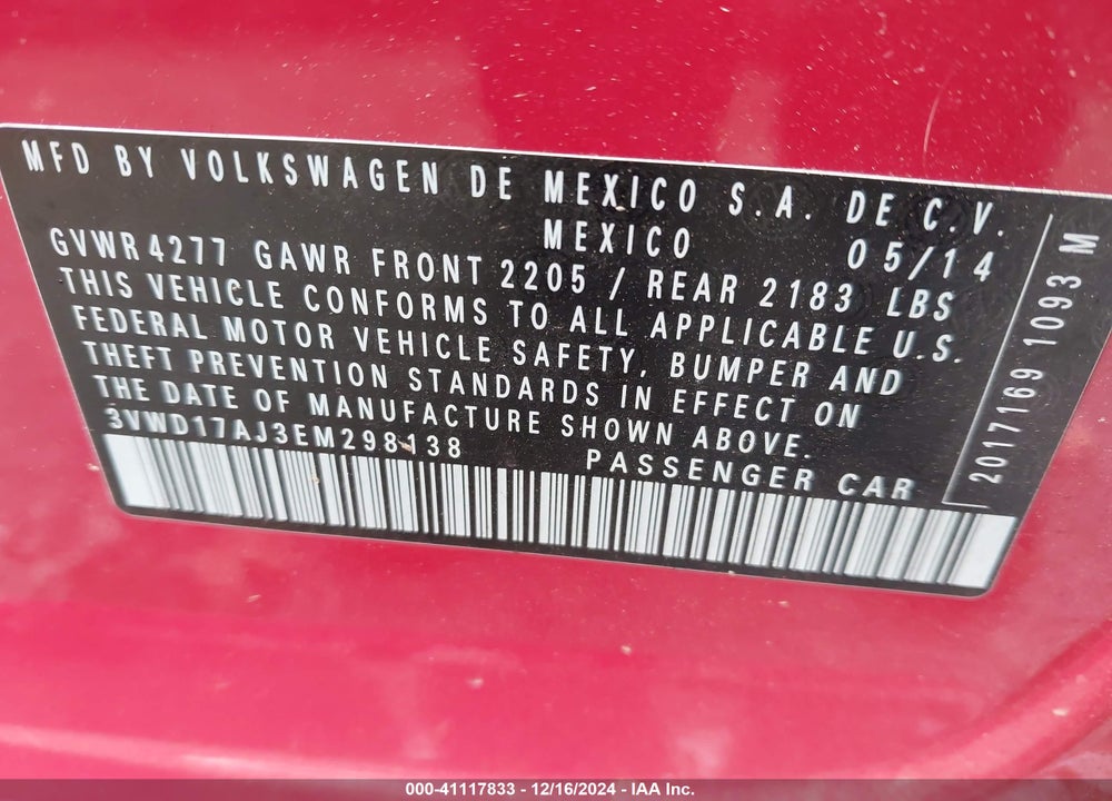2014 VOLKSWAGEN JETTA 1.8T SE VIN: 3VWD17AJ3EM298138