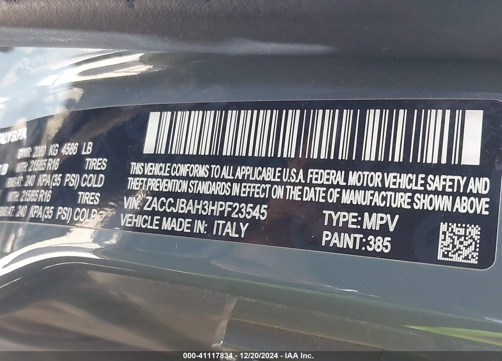 2017 JEEP RENEGADE SPORT 4X4 VIN: ZACCJBAH3HPF23545