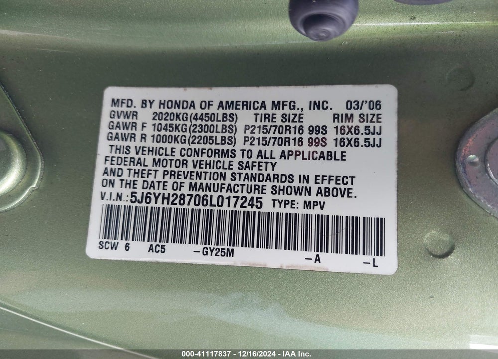 2006 HONDA ELEMENT EX-P VIN: 5J6YH28706L017245