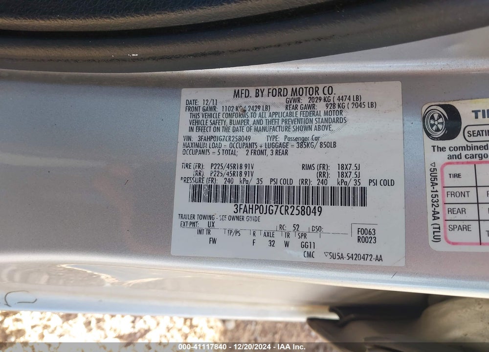 2012 FORD FUSION SEL VIN: 3FAHP0JG7CR258049