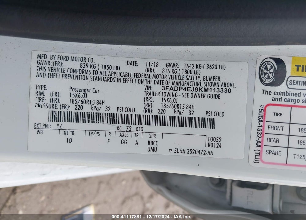 2019 FORD FIESTA SE VIN: 3FADP4EJ9KM113330