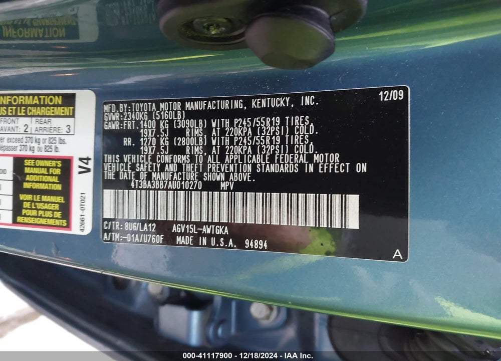 2010 TOYOTA VENZA VIN: 4T3BA3BB7AU010270