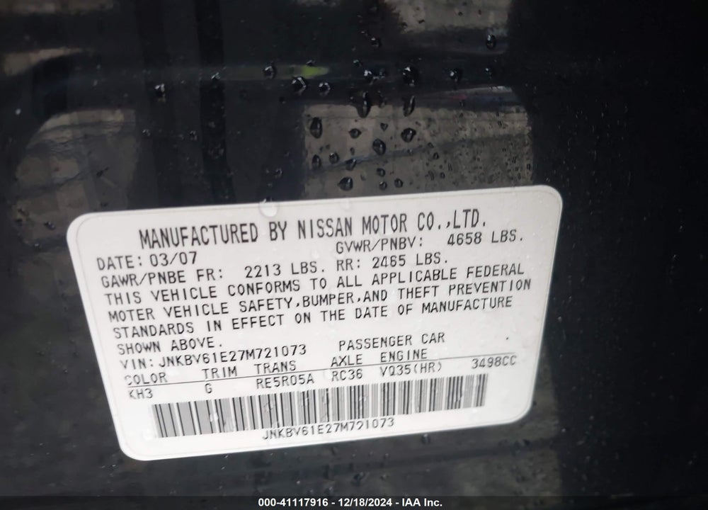2007 INFINITI G35 SPORT VIN: JNKBV61E27M721073