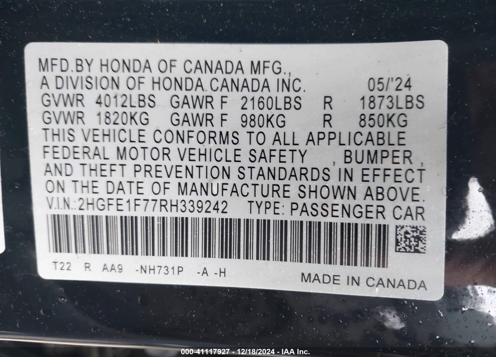 2024 HONDA CIVIC VIN: 2HGFE1F77RH339242