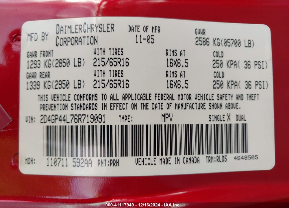 2006 DODGE GRAND CARAVAN SXT VIN: 2D4GP44L76R719091