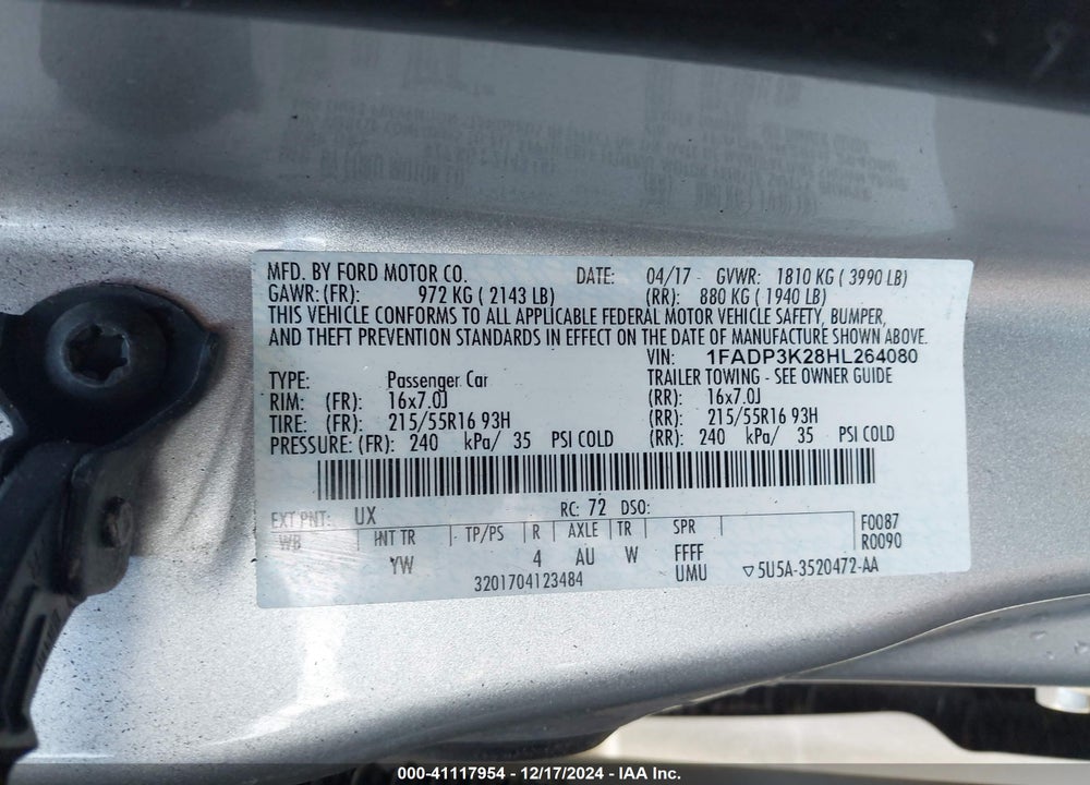 2017 FORD FOCUS SE VIN: 1FADP3K28HL264080
