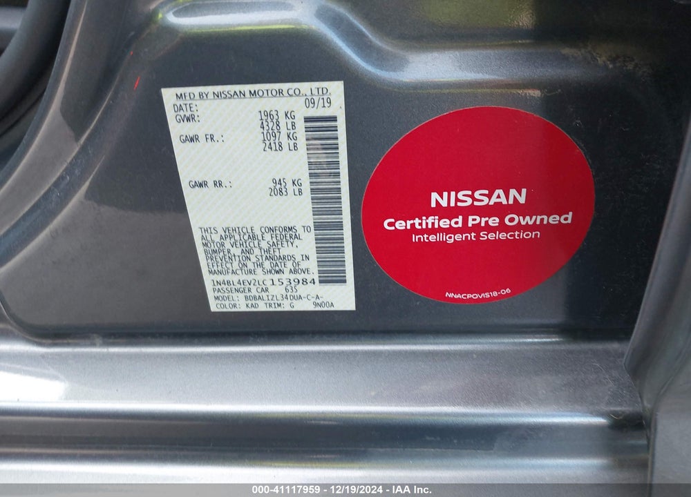 2020 NISSAN ALTIMA VIN: 1N4BL4EV2LC153984