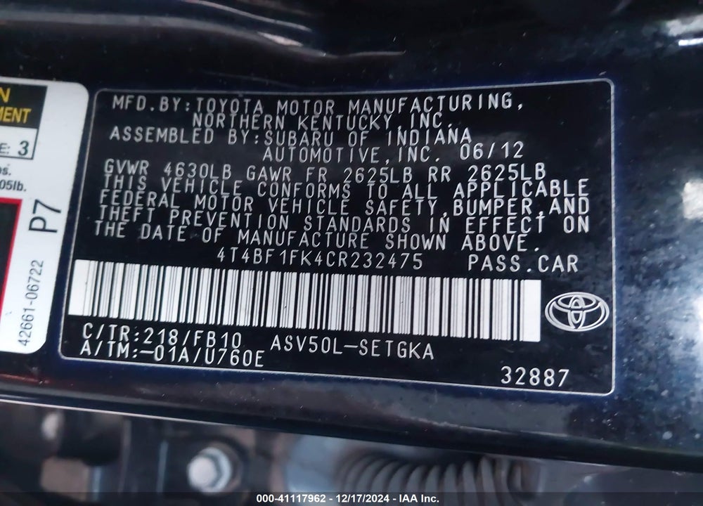 2012 TOYOTA CAMRY XLE VIN: 4T4BF1FK4CR232475