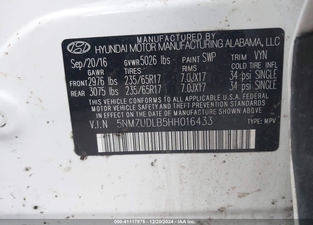 2017 HYUNDAI SANTA FE SPORT 2.4L VIN: 5NMZUDLB5HH016433