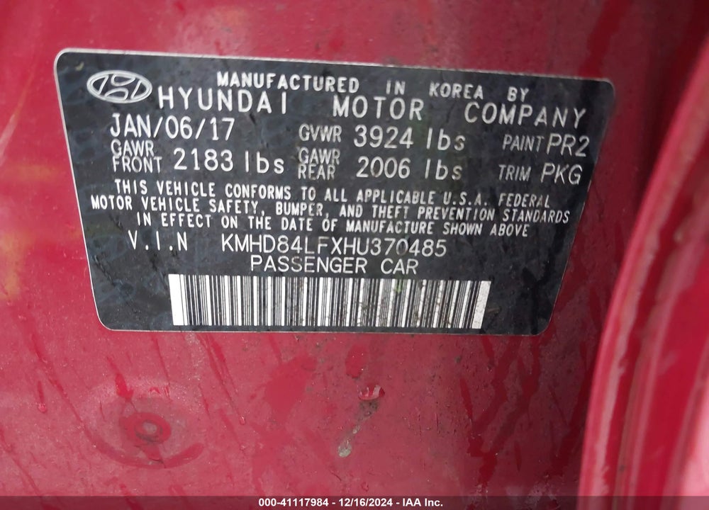 2017 HYUNDAI ELANTRA SE VIN: KMHD84LFXHU370485