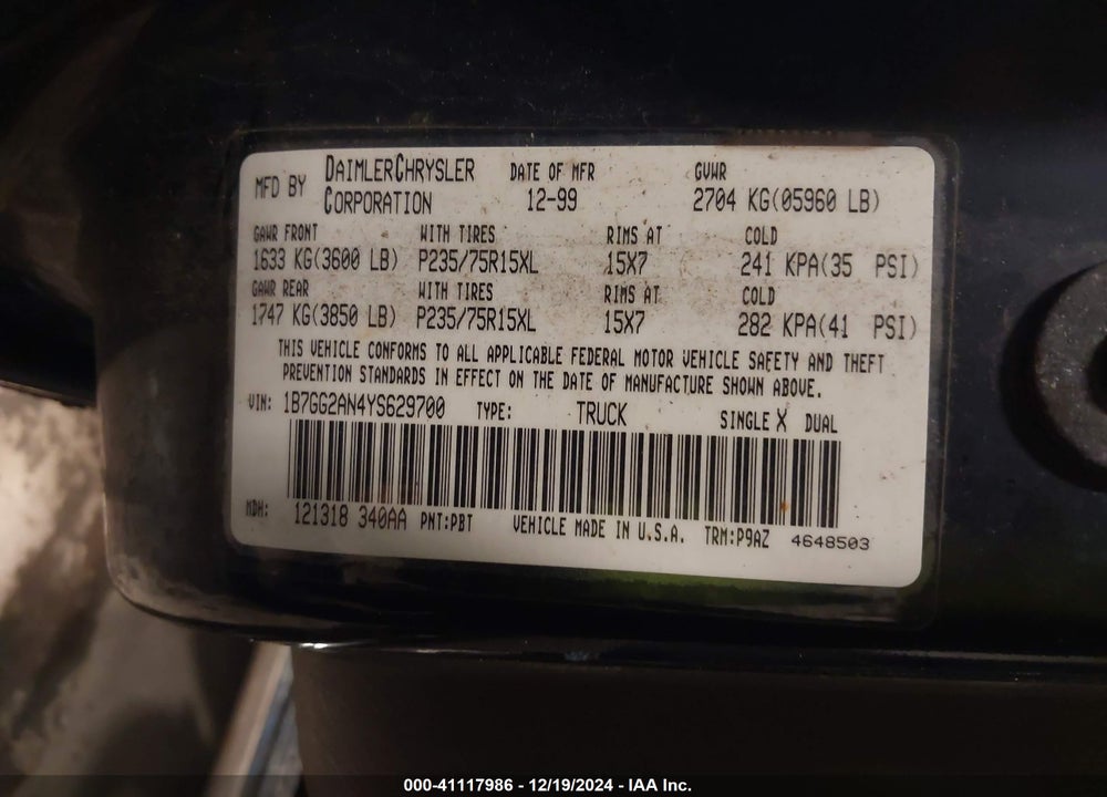 2000 DODGE DAKOTA SLT/SPORT VIN: 1B7GG2AN4YS629700