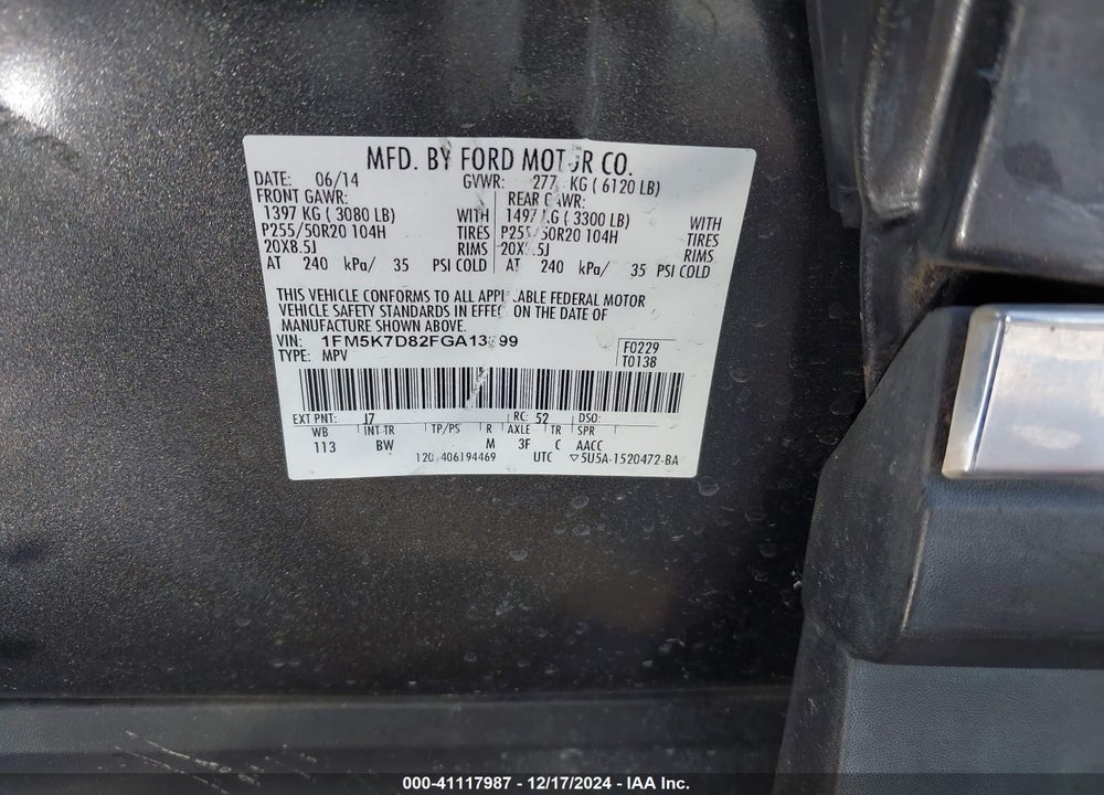 2015 FORD EXPLORER VIN: 1FM5K7D82FGA13899