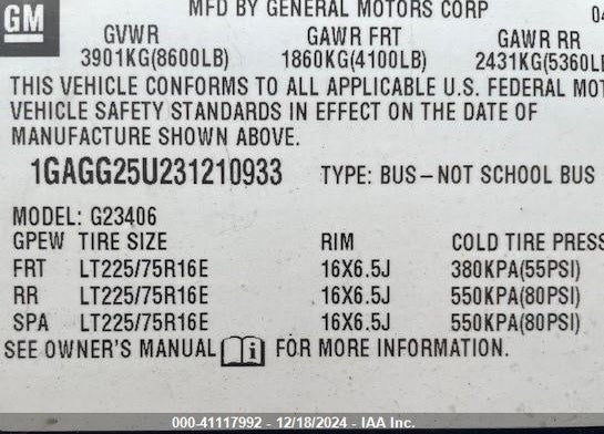 2003 CHEVROLET EXPRESS VIN: 1GAGG25U231210933