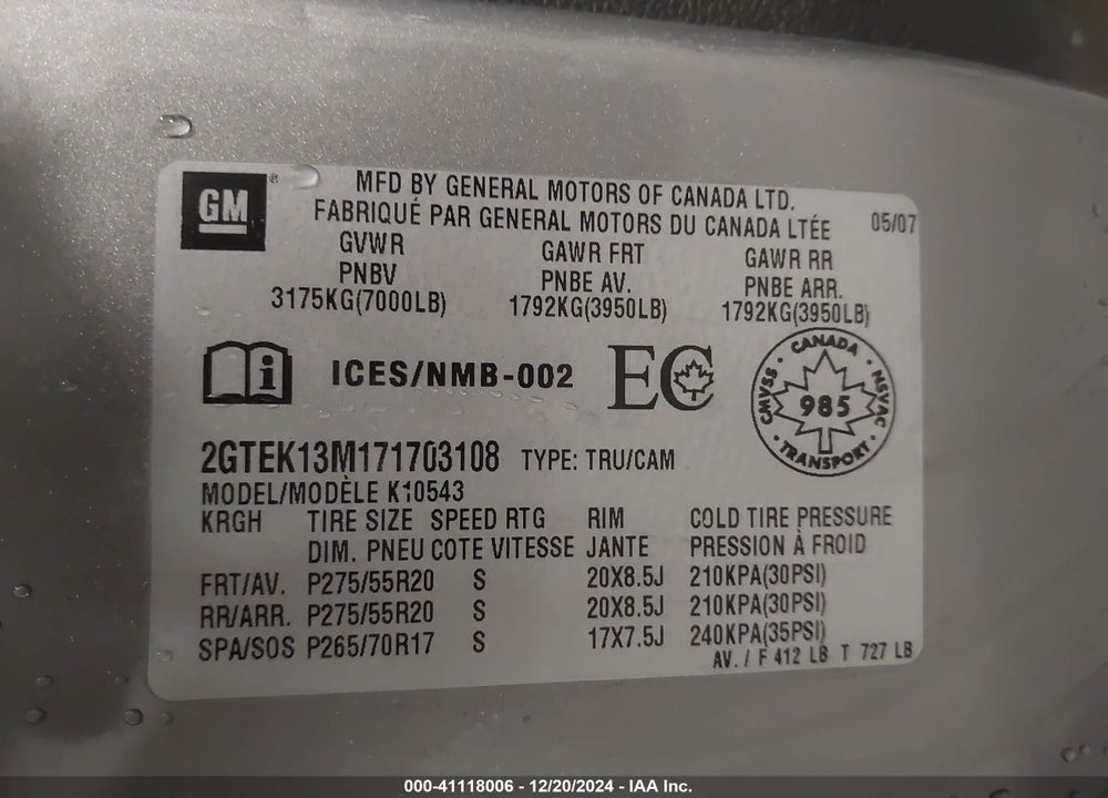 2007 GMC NEW SIERRA VIN: 2GTEK13M171703108