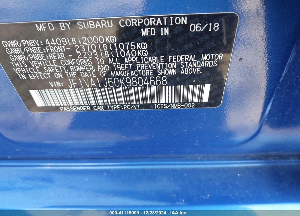 2019 SUBARU WRX LIMITED VIN: JF1VA1J60K9804668