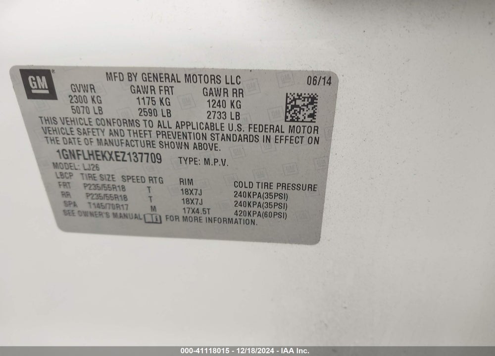 2014 CHEVROLET EQUINOX LTZ VIN: 1GNFLHEKXEZ137709