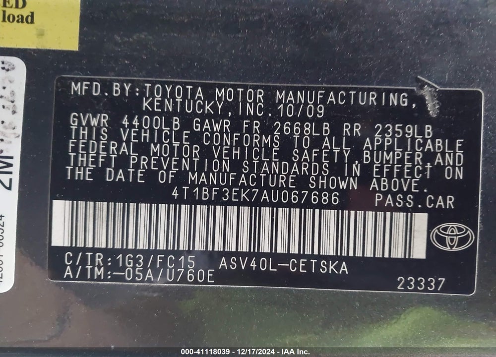 2010 TOYOTA CAMRY SE VIN: 4T1BF3EK7AU067686
