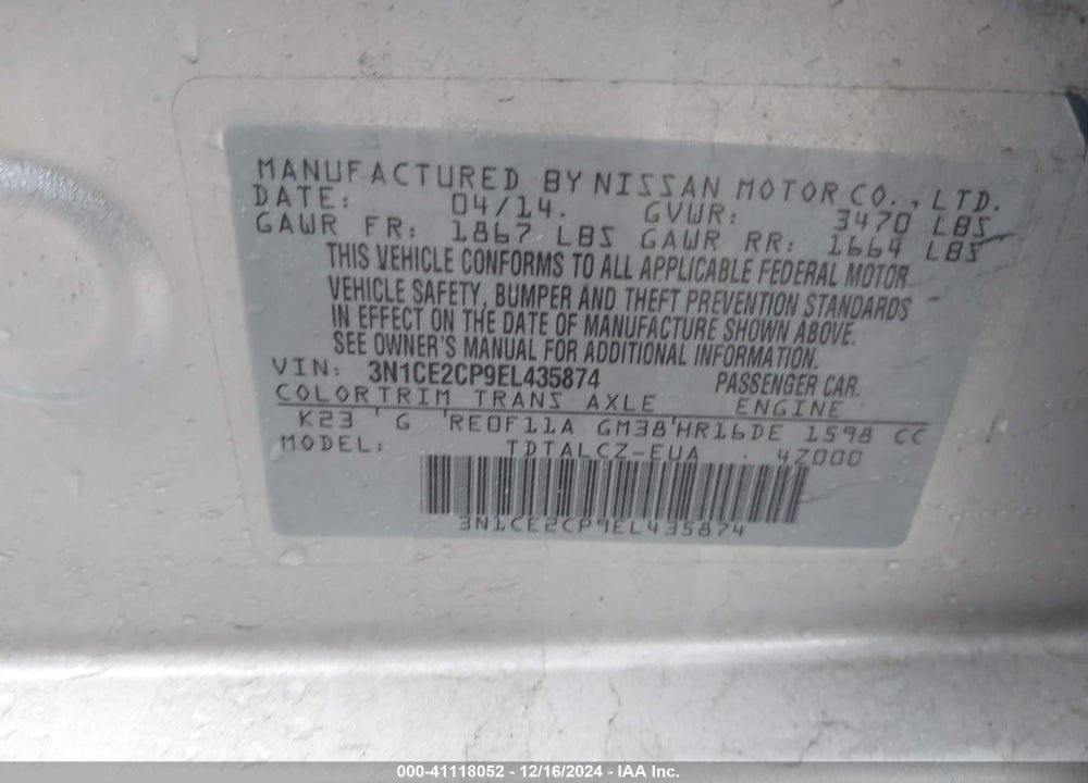 2014 NISSAN VERSA NOTE S PLUS VIN: 3N1CE2CP9EL435874