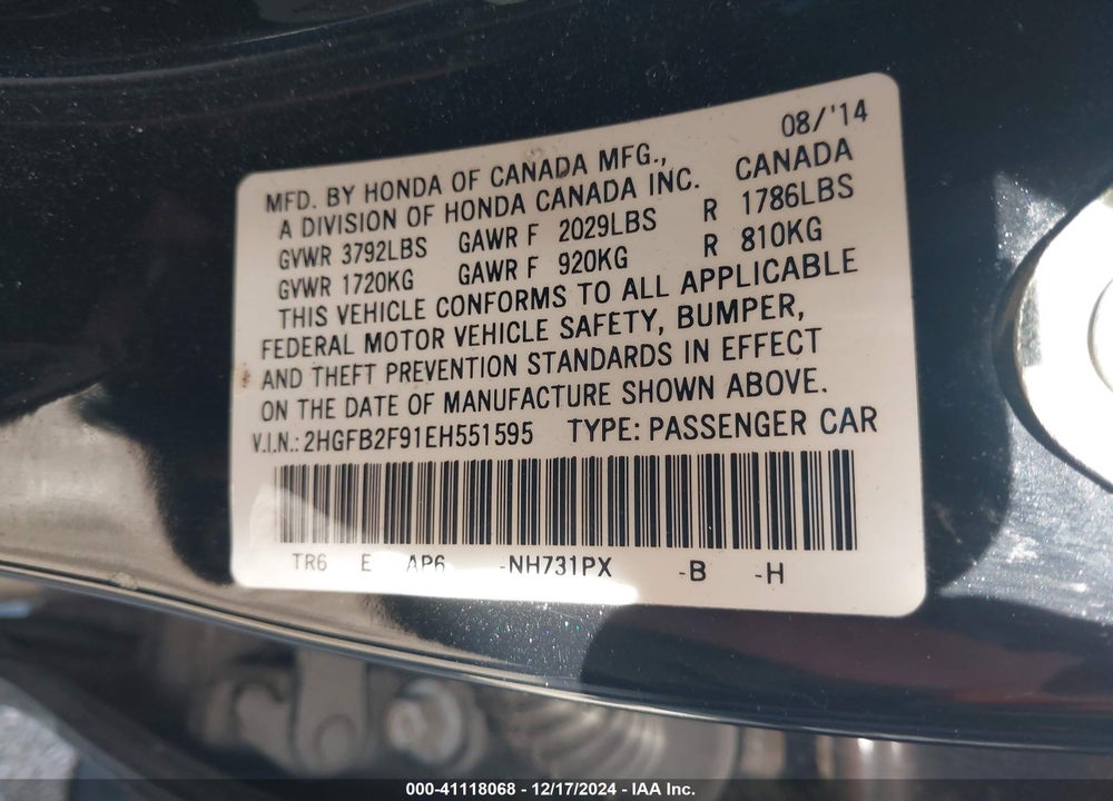 2014 HONDA CIVIC EX-L VIN: 2HGFB2F91EH551595