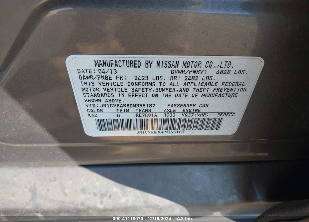 2013 INFINITI G37X VIN: JN1CV6AR6DM355187