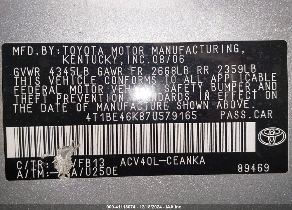 2007 TOYOTA CAMRY LE VIN: 4T1BE46K87U579165