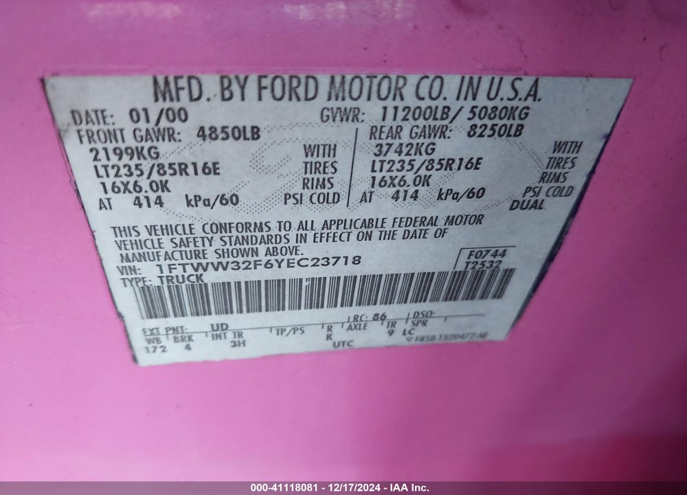 2000 FORD F-350 LARIAT/XL/XLT VIN: 1FTWW32F6YEC23718