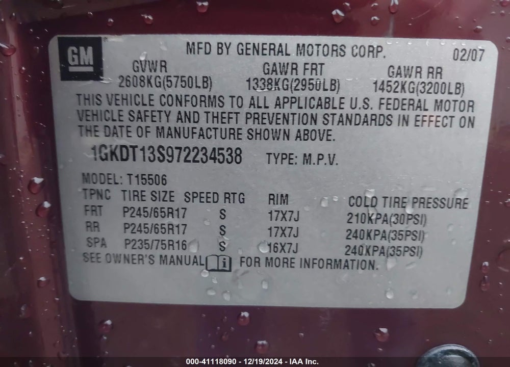 2007 GMC ENVOY SLE VIN: 1GKDT13S972234538