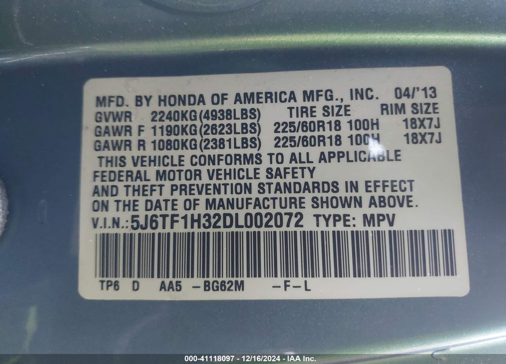 2013 HONDA CROSSTOUR EX V6 VIN: 5J6TF1H32DL002072