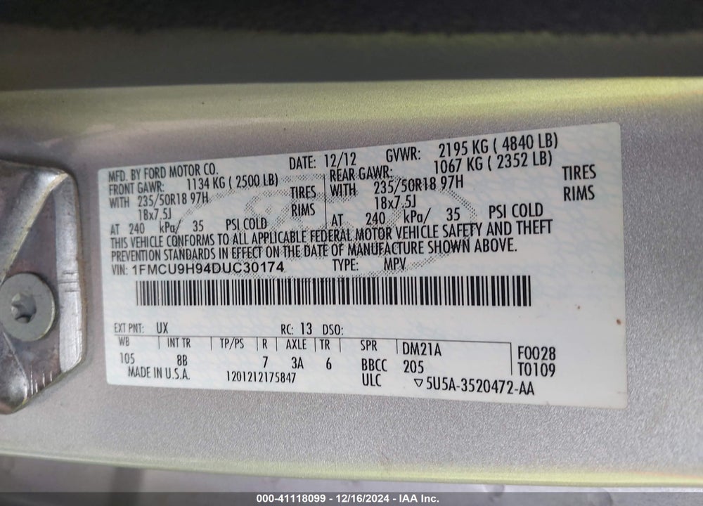 2013 FORD ESCAPE SEL VIN: 1FMCU9H94DUC30174