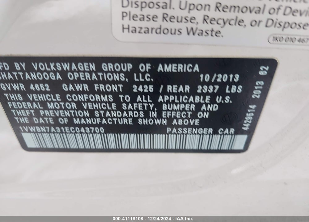 2014 VOLKSWAGEN PASSAT 2.0L TDI SE VIN: 1VWBN7A31EC043700
