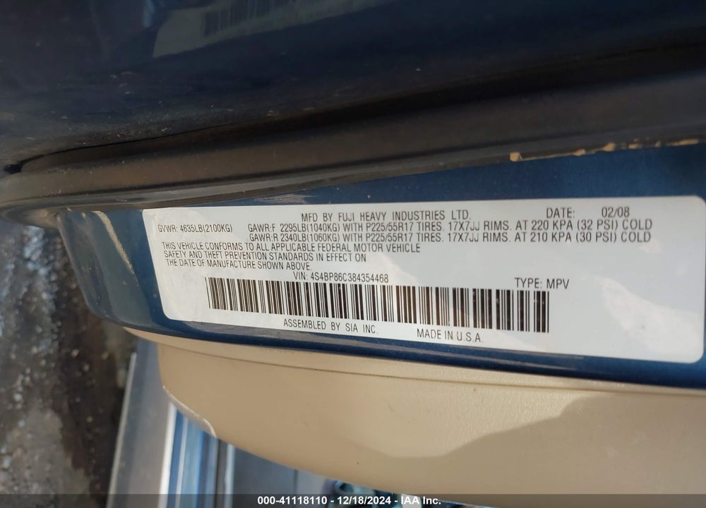 2008 SUBARU OUTBACK 3.0R L.L. BEAN EDITION VIN: 4S4BP86C384354468